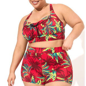 Torrid Top 3 Bottoms 4 Two Piece Retro Hawaiian Red Bikini Top & Shorts Swimsuit